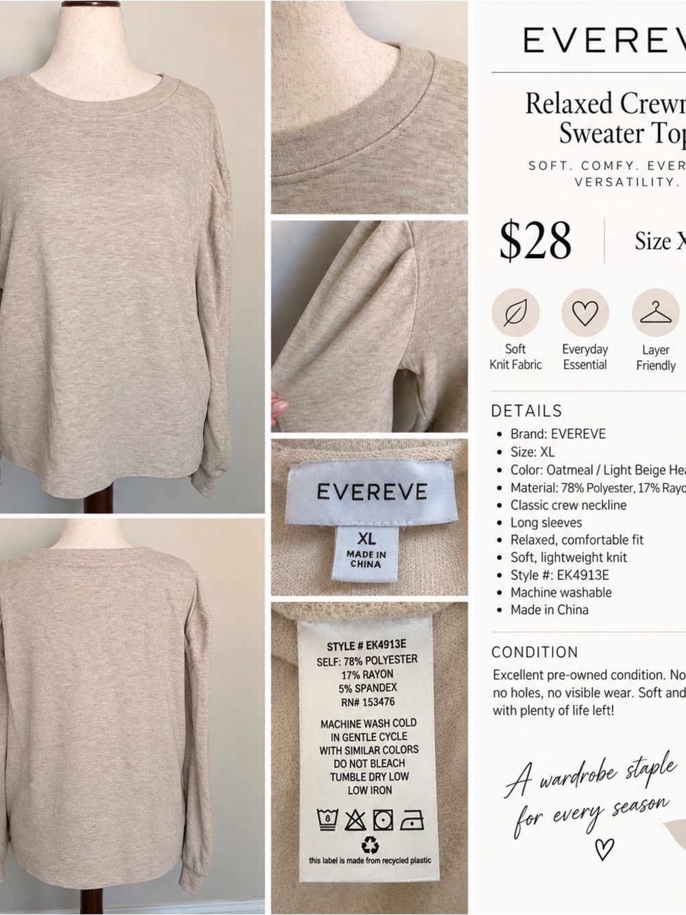 EVEREVE Oatmeal Relaxed Crewneck Knit Top XL Long Sleeve